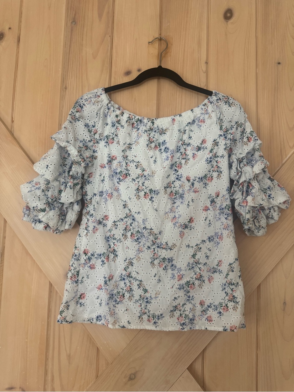 CeCe Light Blue Floral Eyelet Ruffle Sleeve Blouse - Picture 1 of 6